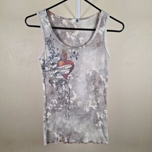 One World Y2K Heart Tattoo Burnout Streetwear Ribbed Perfect Tank Top Large